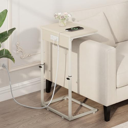 C Shaped End Table with Charging Station, Adjustable Height Side Table for Couch, Small Side Table, 33.2'' Tall Couch Tables that Slide Under, Tv Tray End Table for Living Room, Beige - color: Beige (1 Pack), style: With Plug