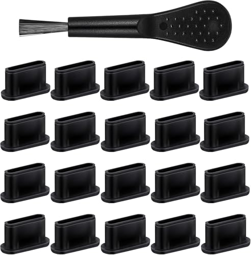 USB C Plug Cover Dust Plug, Black, Silicone, 20 Pcs | Type C Port Protection Cap, With Plastic Cleaning Brush, For Most Type C Mobile Phone Tablet, Anti Dust
