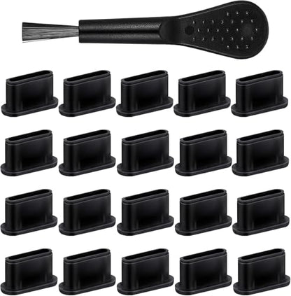 USB C Plug Cover Dust Plug, Black, Silicone, 20 Pcs | Type C Port Protection Cap, With Plastic Cleaning Brush, For Most Type C Mobile Phone Tablet, Anti Dust