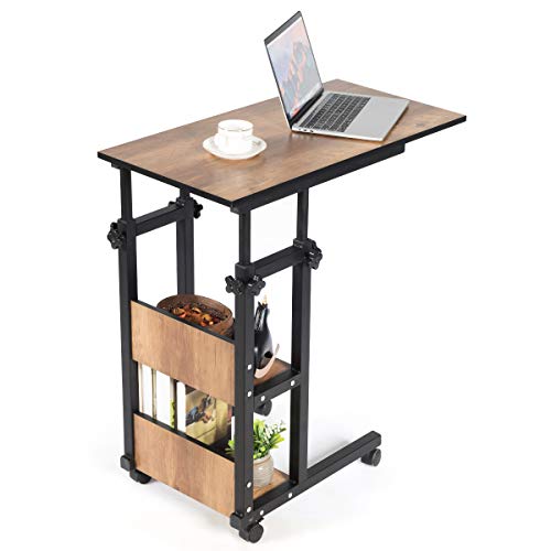 Tangkula Rolling Height Adjustable C Table, Mobile Sofa Side End Table Couch Desk, Sofa Desk Snack Table with Storage Shelves, Bed Side Table for Coffee Laptop Tablet, Wood Look Accent Furniture