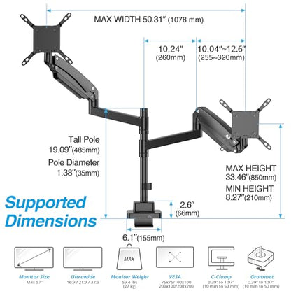 AVLT Dual Monitor Arm 57" Pole Top Mount with USB-C & A – Black | Heavy-duty Stacking arm; Height Adjustable; Top C-clamp/Grommet w/ Reinforcement Plates; VESA 200/100/75mm. - color: Black