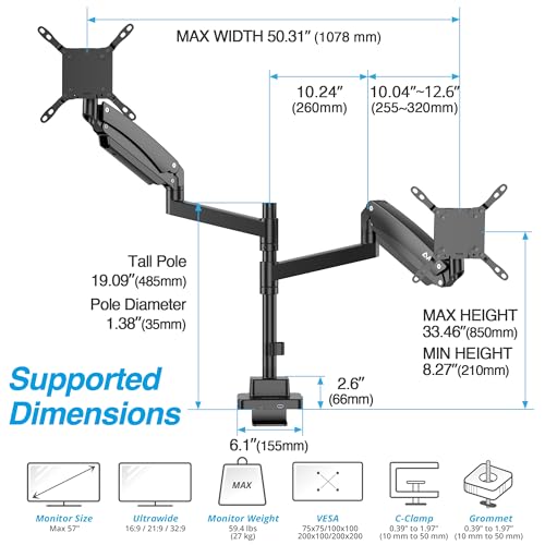 AVLT Dual Monitor Arm 57" Pole Top Mount with USB-C & A – Black | Heavy-duty Stacking arm; Height Adjustable; Top C-clamp/Grommet w/ Reinforcement Plates; VESA 200/100/75mm. - color: Black