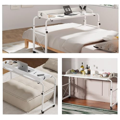 Overbed Table with Wheels, Adjustable Queen Size Bed Desk, White | Fits Twin To King Beds, Adjustable Height & Length Rolling Over Bed Table For Hospital and Home, with 4 Locking Casters - color: White