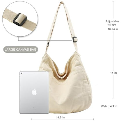 Canvas Tote Bag Casual Hobo Crossbody Shoulder Bag for Women and Men Large Purse Messenger Bag Travel Work - color: 1-b Beige