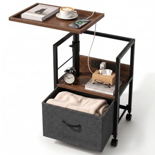 Faesun Swivel Lift Top Nightstand with Charging Station, Rolling Night Stand with Fabric Drawer, Adjustable Bedside Table for Bedroom, Living Room, Walnut Gray, Pro - color: 02 - Walnut Gray, size: 1 Drawer (Tray Top)