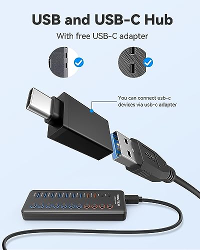 Powered USB 3.0 Hub, Wenter 48W 11-Port USB Hub Splitter (7 Faster Data Transfer Ports+ 4Pcs QC Charging Ports) with Individual LED On/Off Switches, USB Hub 3.0 Powered with Power Adapter - color: 7+2+2