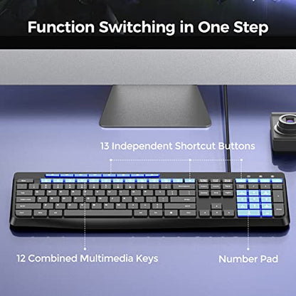 Virfour Wired USB Computer Keyboard, Quiet Keyboard with Multimedia Keys | Virfour Silent Keyboard with Low Profile Chiclet Keys,Spill-Resistant, Anti-Wear Letters,Full Size for Laptop,Desktop