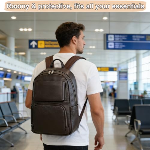Genuine Leather 15.6 Inch Laptop Backpack for Men, Multi Pocket Casual Daypack Shoulder Bag for Business Travel Outdoor, Coffee - color: Coffee