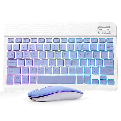 Bluetooth Keyboard and Mouse Combo for iPad - Rechargeable Wireless Keyboard & Mouse with 7-Color Backlit Compatible with iPad 9th/8th Gen, iPad Pro/Air/Mini, iPhone14/13/12 Pro, (10 inch Purple) - color: purple