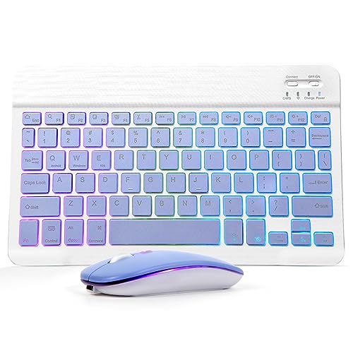 Bluetooth Keyboard and Mouse Combo for iPad - Rechargeable Wireless Keyboard & Mouse with 7-Color Backlit Compatible with iPad 9th/8th Gen, iPad Pro/Air/Mini, iPhone14/13/12 Pro, (10 inch Purple) - color: purple