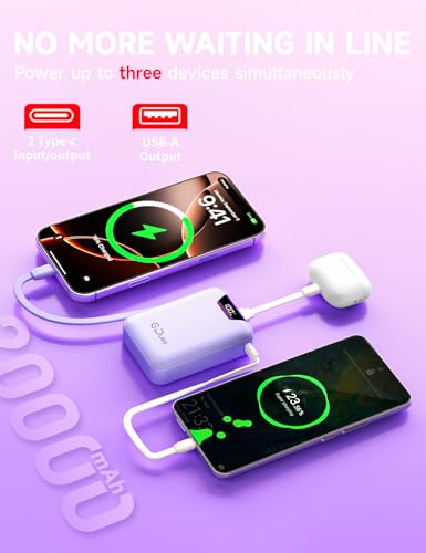 M2 Portable Charger, 20000mAh Power Bank, PD 35W Ultra Fast USB-C Built-in Cable, Compact Cute Mini External Battery Pack for iPhone, Samsung, Android iPad (Purple) - color: Purple