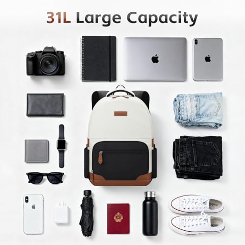 RealCool 15.6-17.3" Laptop Backpack, 31L Water Resistant Travel Bag | Independent frame opening, lightweight ,multi-compartments, ergonomic padded straps, luggage belt, for School,Business Trip - color: Beige-black