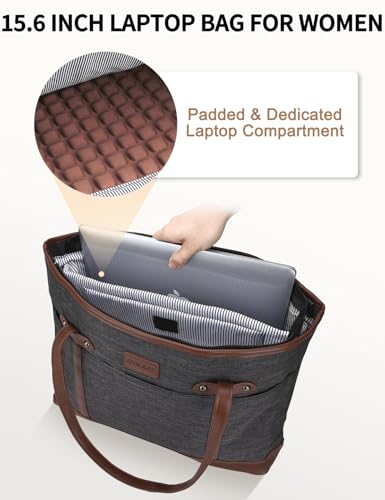 RAVUO Laptop Tote Bag for Women, Water Resistant 15.6 Inch Computer Handbag Purse Teacher Bag With Portable Small Pouch - color: Dark Grey&brown