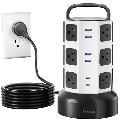 JACKYLED Power Strip Tower Surge Protector, 12 AC 6 USB (2 USB C), 1050J | 10Ft Retractable Extension Cord with Multiple Outlets, 1625W/13A Outlet Extender, USB Charging Station for Home Office Dorm - color: White Black, size: Medium-10ft