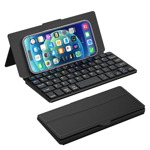 Doohoeek Universal Bluetooth Keyboard for Samsung Galaxy Z Fold, iPad mini 7 2024 & Phones, Dual Bluetooth Mini Keyboard with Any-Angle Kickstand & Leather Cover for Android, Windows and iOS - color: Black