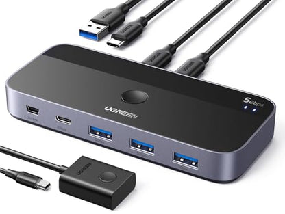 UGREEN USB Switch A & C Input for Computers - Share 4 Ports, Switcher Selector for PC, Laptop, Keyboard, Mouse, Webcam, Microphone - Adapter With 2 USB-C Data Cables and Remote
