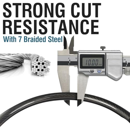 Security Steel Cable - 3/8 inch (10 mm) Thick (4', 7', 15', 20' or 30') Vinyl Coated Braided Steel Cable with Double Sealed Looped Ends for U-Lock, Padlock, Disc Lock (15 FT) - color: 15 FT