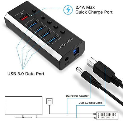 RSHTECH Powered USB Hub with 4 USB 3.0 Data + 1 Fast Charging Port, RSH-A35 | USB Extender Hub with 24W(12V/2A) Power Adapter and Individual On/Off Switches