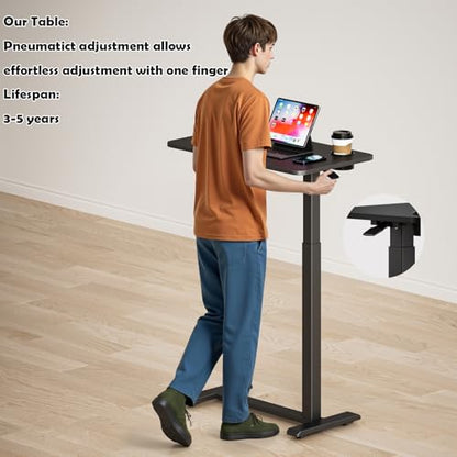BIZUM Adjustable Hospital Bed Table on Wheels, Rolling Bedside Table Black | Adjustable height 29.7-43.3in, 27.6x15.8in surface, cup holder, 22lb capacity, pneumatic lift, 4 swivel wheels - color: Black