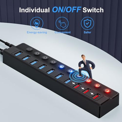 ONFINIO Powered USB Hub, 10-Port USB Splitter Hub | (7 Faster Data Transfer Ports+ 3 Smart Charging Port) with 12V/3A Power Adapter USB Extension for Mac, PC and More - style: 10 PORT QC 3.0