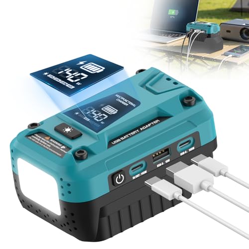 140W USB Battery Charger Compatible with Makita 18V Battery | Type-C Input & Output Fast Charging, 18W USB-A, Portable Phone Charger with 700LM LED Work Light, LED Screen Display - color: Blue