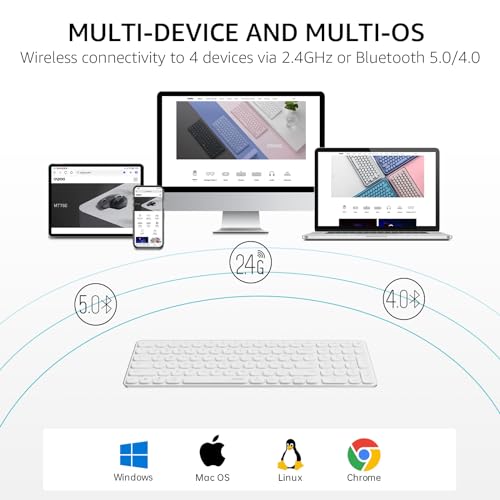 Rapoo E9350L Multi-Device Wireless Keyboard, Blade-Series E9350L 99-Key Ultra-Thin Keyboard, Support 4 Devices, Low-Profile, Quiet, USB-C, Rechargeable, Al-Alloy Frame, for Windows/Mac/Linux/Chrome - color: White