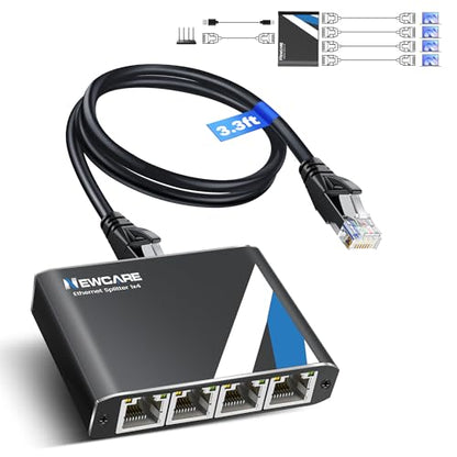 NEWCARE Gigabit Ethernet Splitter 1 to 4 with 3.3ft LAN Cable, 1000Mbps High Speed 1 in 4 Out RJ45 Multi Port Internet Splitter for Cat5e/6/7/8, 4 Devices Simultaneously Networking, Plug & Play