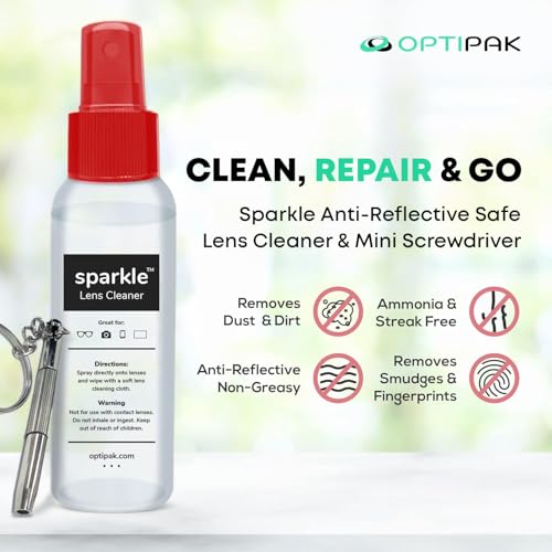 Sparkle Anti-Reflective Safe Lens Cleaner & Repair Kit – (2) 1oz Glasses Cleaner Spray, (2) Microfiber Cloth & Keychain Screwdriver for Eyeglasses, Sunglasses, Lenses & Screens (5 Piece Set) - size: 1 Fl Oz (Pack of 2), style: Red – 2x1oz Lens Spray + 2 M