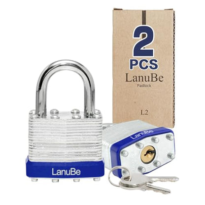 LanuBe Lock Laminated keyed Padlock (1-9/16", 40mm), keyed Alike Locks, Normal Shackle, Marked Blue Plastic Hoop, Pack of 2 - size: 2 Pack Blue