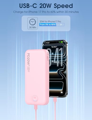 Nusyddy Portable Charger 10000mAh Fast Charging w/Built-in Wall Plug Pink | PD20W Fast Charging, LED Indicator, Pass Through Charging, TSA Approved, Compact/Slim, Power Bank for iPhone/iPad/Samsung - color: Pink