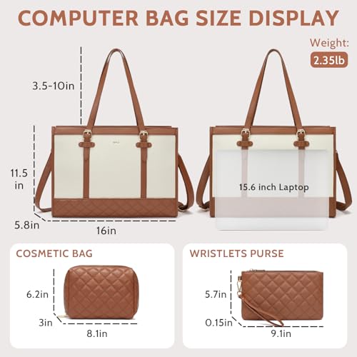 Keyli 3pcs Laptop Bag for Women,15.6 Inch Canvas Tote Bag Work Bags Large Business Computer Briefcase Shoulder Handbag Purse - color: S-brown+khaki