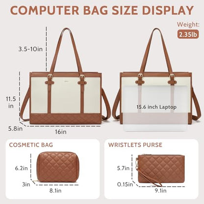 Keyli 3pcs Laptop Bag for Women,15.6 Inch Canvas Tote Bag Work Bags Large Business Computer Briefcase Shoulder Handbag Purse - color: S-brown+khaki