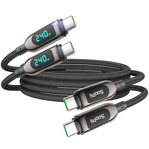 SOOPII 240W USB C to USB C Cable, [6.6ft,2-Pack] Nylon Braided Fast Charging Cable with LED Display for lPhone 17/17 Pro/16 Plus/15 Pro Max,lPad Air,MacBook Pro,Galaxy S25/S24, Pixel, LG (Black) - color: Black, size: 2M 2Pack - 240W