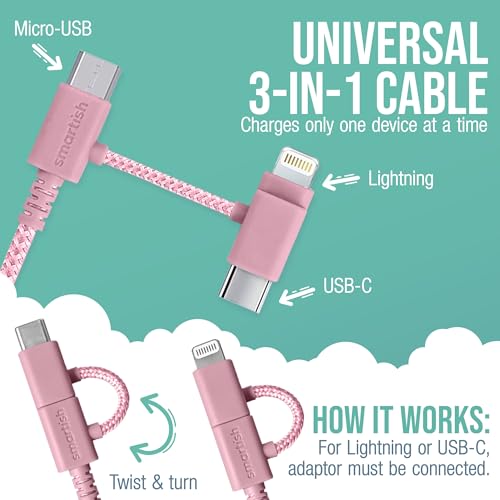 Smartish USB-C/Lightning Cable 17/16/16e/15/14 - Crown Joule - 6 Foot Universal Fast Fabric Wrapped Charging Cable w/Micro-USB - MFi Certified 13/12/SE/iPad/AirPods/Android - Pink - color: I'm Blushing, size: USB to USB-C/Lightning/Micro