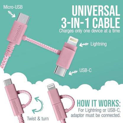 Smartish USB-C/Lightning Cable 17/16/16e/15/14 - Crown Joule - 6 Foot Universal Fast Fabric Wrapped Charging Cable w/Micro-USB - MFi Certified 13/12/SE/iPad/AirPods/Android - Pink - color: I'm Blushing, size: USB to USB-C/Lightning/Micro