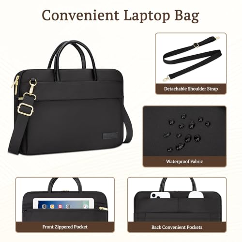 RAINYEAR 14 Inch/15.6 Inch Laptop Bag with Pockets & Handle for Women | Protective Waterproof Elegant Computer Large Capacity Shoulder Bag Case Compatible with MacBook Laptop Computer Notebook - color: Black, size: 13-14 Inch