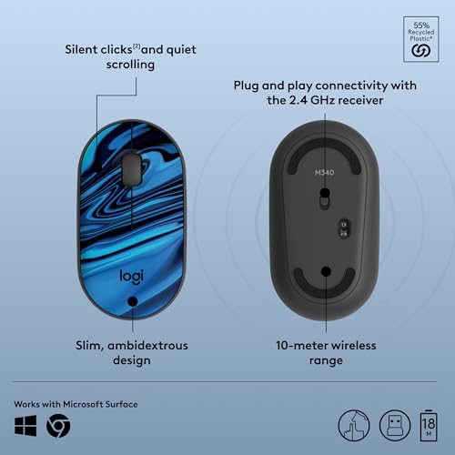 Logitech M340 Wireless Mouse with Limited Edition Prints, USB Receiver and Silent Clicks, Portable Wireless Mouse for Laptop, PC, Windows, Chrome, Surface – Blue Galaxy - color: Blue Galaxy
