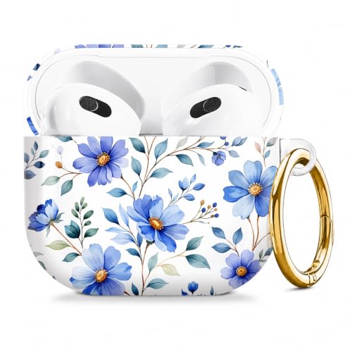 Compatible with AirPod 4 Case 2024, Cute Hard Plastic Protective Cover for Airpod 4th Generation Women, Shockproof Shell Skin with Gold Ring Keychain,Blue Flowers Green Leaf - color: Blue Flowers Green Leaf
