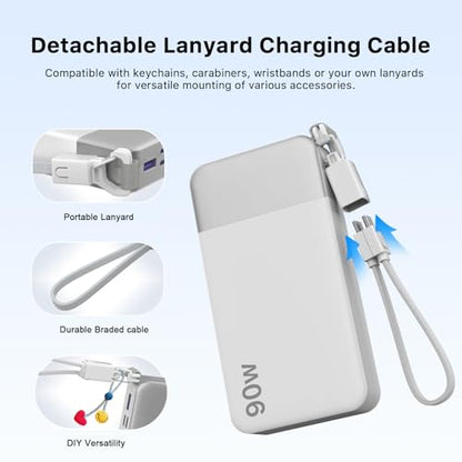 NOBIS Portable Charger 20000mAh 90W Power Bank w/Detachable Cable | 2C+2A USB-C Fast Charging Battery Pack with LED Display,Battery Bank for Laptops, Tablets, Phones and Steam Deck - color: White