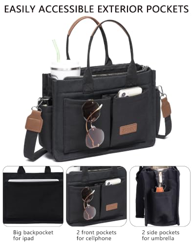 Canvas Tote Bag for Women,Women's Bags Crossbody Bags Work Laptop Tote Bag Large Handbags Purse for Travel Nurse Teacher - color: New Upgrade Black With Compartments and Inner Cup Holders
