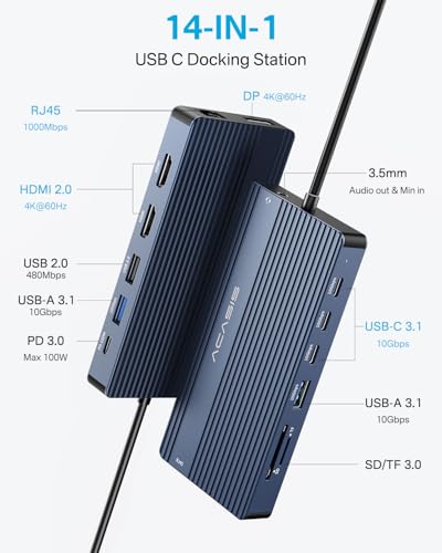 USB C Docking Station Dual Monitor, 14 in 1 USB C Hub, Adapter with 2 HDMI+DP(4K60Hz), Ethernet, 3 USBC 10G,100W PD, SD/TF, Audio, Laptop Docking Station for Dell/HP/Lenovo/ThinkPad/Surface (Grey) - color: Grey