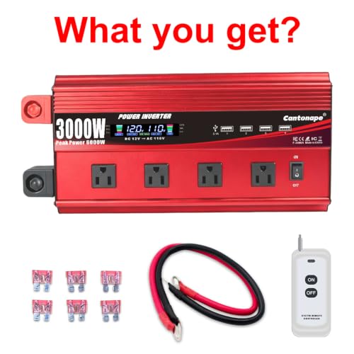 Cantonape 3000W Power Inverter 12V to 110V/120V DC to AC with LCD Display, Remote Controller 4 x AC Outlets and 4 x 3.1A USB Car Adapter for Car Truck Boat RV Solar System - size: 3000W-12V