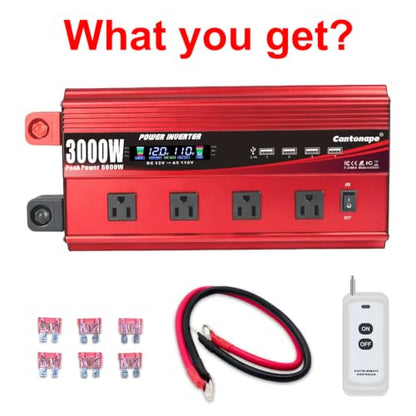 Cantonape 3000W Power Inverter 12V to 110V/120V DC to AC with LCD Display, Remote Controller 4 x AC Outlets and 4 x 3.1A USB Car Adapter for Car Truck Boat RV Solar System - size: 3000W-12V
