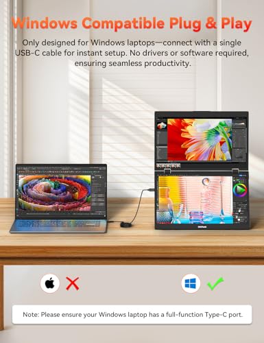 HotYeah Triple Laptop Screen Extender, 15.6" 1080P FHD IPS Folding Stacked Portable Dual Monitor, USB C Travel Extended Computer Display w/VESA, 180°Rotation, Plug & Play for Laptops (Windows Only)