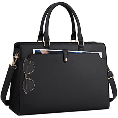 RAINSMORE Laptop Bag for Women 15.6 Inch Laptop Tote Bag Leather Work Bag Waterproof Womens Briefcase Business Office Computer Tote Bag Large Capacity Handbag Shoulder Bag Black - color: Black