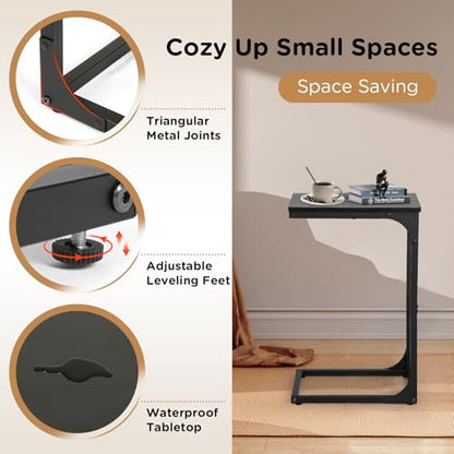 PayLessHere C Shaped End Table with Adjustable Feet,Small Side Table for Couch,Sofa Table with Metal Frame for Living Room,Bedroom,Bedside,Black - color: Black