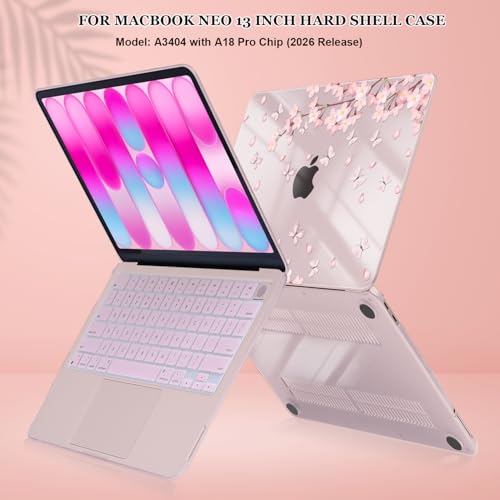 for MacBook Neo 13 inch Case 2026 A3404 with A18 Pro Chip, Anti-Scratch Slim Pattern Plastic Hard Shell Case 13-inch Neo Protective Cover Keyboard Skin & Screen Film, Cherry Blossom Pink - color: Cherry Blossom Pink