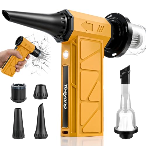 Compressed Air Duster, Industry-First O-Shaped Air Duct with 13-Blade Dual-Layer Turbo, 4-Gear 6-in-1 Cordless Electric Mini Blower, Vacuum & Inflator, LED Light & Window Breaker for PC, Car, Home - color: Yellow