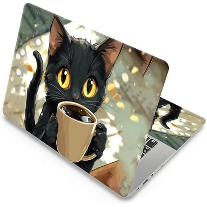 Universal Laptop Skin, DIY Cut-to-Fit Vinyl Cover Compatible with HP, Dell, Lenovo, Mac (13.3" to 15.6"), Anti-Scratch, No Residue & Bubble-Free Protective Decal Sticker, Cute Black Cat Coffee - color: Cute Black Cat Coffee
