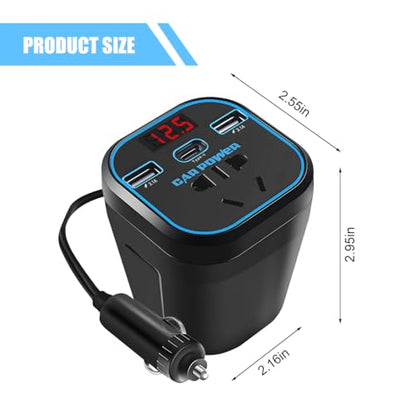 Ankuee 150W Car Power Inverter, 12V DC to 110V Vehicle Plug Outlet Adapter with Dual USB & Type-C & Voltmeter, Automotive Fast Charger Power Converter for Computer Laptop Phone